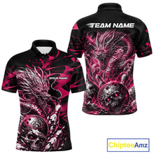 Load image into Gallery viewer, Personalised black and pink flaming dragon bowling shirt featuring a skull bowling ball and flying pins artwork