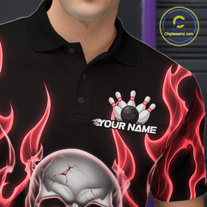 Custom Red Fire Flame Skull Bowling Polo Shirts For Men, Halloween Bowling Team Outfit IPHW9492