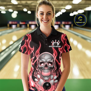 Custom Red Fire Flame Skull Bowling Polo Shirts For Women, Halloween Bowling Team Outfit IPHW9492