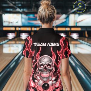Custom Red Fire Flame Skull Bowling Polo Shirts For Women, Halloween Bowling Team Outfit IPHW9492
