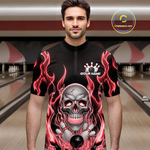 Custom Red Fire Flame Skull Bowling Quarter-Zip Shirts For Men, Halloween Bowling Team Outfit IPHW9492