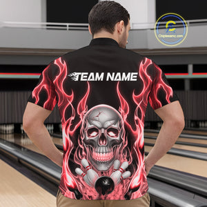 Custom Red Fire Flame Skull Bowling Quarter-Zip Shirts For Men, Halloween Bowling Team Outfit IPHW9492