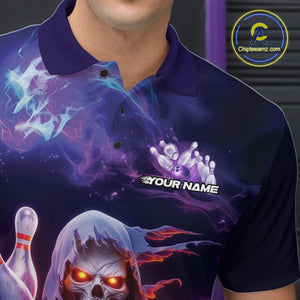 Custom Red And Purple Smoke Flame Grim Reaper Bowling Men Polo Shirt, Halloween Outfit IPHW9895