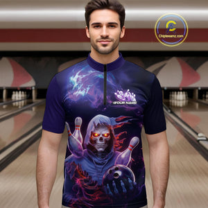 Custom Red And Purple Smoke Flame Grim Reaper Bowling Men Quarter-Zip Shirt, Halloween Outfit IPHW9895