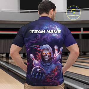 Custom Red And Purple Smoke Flame Grim Reaper Bowling Men Quarter-Zip Shirt, Halloween Outfit IPHW9895