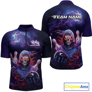 Custom Red And Purple Smoke Flame Grim Reaper Bowling Men Quarter-Zip Shirt, Halloween Outfit IPHW9895
