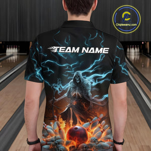 Custom Blue Lightning Grim Reaper Bowling Men Polo Shirt, Flame Halloween Outfit IPHW9899