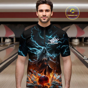 Custom Blue Lightning Grim Reaper Bowling Men Quarter-Zip Shirt, Flame Halloween Outfit IPHW9899