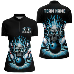 Personalized Ladies Skull Bowling Shirt Custom Team'S Name Flame Bowler Jerseys | Teal Blue IPHW6512