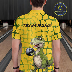 Custom Funny Yellow Dinosaur Bowling Team Men Polo Shirt, Bowling Tournament Team Shirt IPHW9929