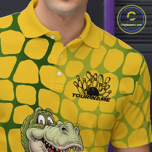 Custom Funny Yellow Dinosaur Bowling Team Men Polo Shirt, Bowling Tournament Team Shirt IPHW9929