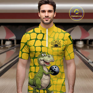 Custom Funny Yellow Dinosaur Bowling Team Men Quarter-Zip Shirt, Bowling Tournament Team Shirt IPHW9929