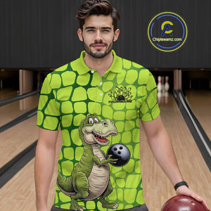 Custom Funny Green Dinosaur Bowling Team Men Polo Shirt, Bowling Tournament Team Shirt IPHW9930