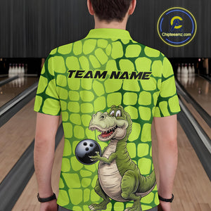 Custom Funny Green Dinosaur Bowling Team Men Polo Shirt, Bowling Tournament Team Shirt IPHW9930
