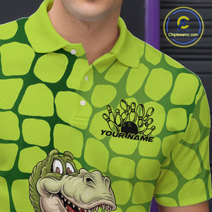 Custom Funny Green Dinosaur Bowling Team Men Polo Shirt, Bowling Tournament Team Shirt IPHW9930