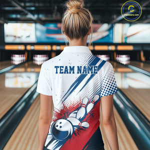 Custom Red, White And Blue Patriotic US Flag Bowling Polo Shirts For Women, Team Uniform IPHW9542