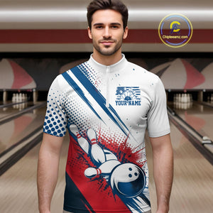 Custom Red, White And Blue Patriotic US Flag Bowling Quarter-Zip Shirts For Men, Team Uniform IPHW9542