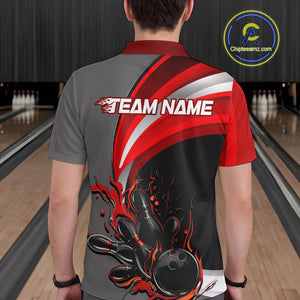 Custom Black, Red And Gray Flame Bowling Polo Shirts For Men, Bowling Team League Shirt IPHW9273