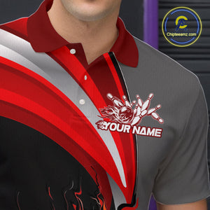 Custom Black, Red And Gray Flame Bowling Polo Shirts For Men, Bowling Team League Shirt IPHW9273