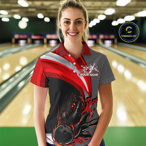 Custom Black, Red And Gray Flame Bowling Polo Shirts For Women, Bowling Team League Shirt IPHW9273