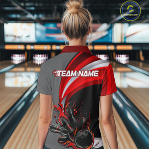 Custom Black, Red And Gray Flame Bowling Polo Shirts For Women, Bowling Team League Shirt IPHW9273
