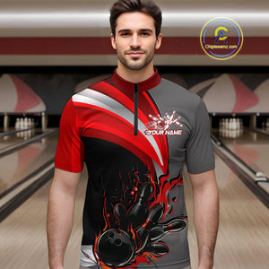 Custom Black, Red And Gray Flame Bowling Quarter-Zip Shirts For Men, Bowling Team League Shirt IPHW9273
