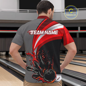 Custom Black, Red And Gray Flame Bowling Quarter-Zip Shirts For Men, Bowling Team League Shirt IPHW9273