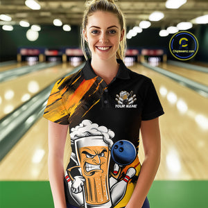 Custom Black And Yellow Funny Bowling And Beer Jerseys, Bowling Team Women Polo Shirts IPHW9605