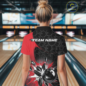 Custom Red Bowling Team Polo Shirts For Women, Bowling Pattern Bowling League Shirt IPHW9623