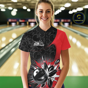 Custom Red Bowling Team Women Quarter Zip Shirt, Bowling Pattern Bowling League Shirt IPHW9623