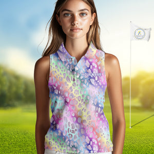 Colorful Neon Rainbow leopard pattern Women Sleeveless Polo Shirt Custom ladies golf outfit NQS10244
