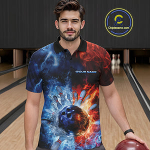 Custom Red Fire Blue Water Explosion Bowling Team Polo Shirts For Men, Bowling Uniform IPHW9448