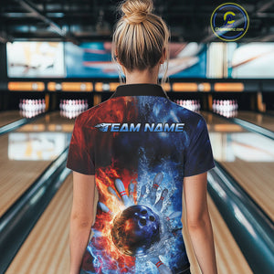 Custom Red Fire Blue Water Explosion Bowling Team Polo Shirts For Women, Bowling Uniform IPHW9448