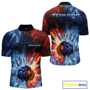Custom Red Fire Blue Water Explosion Bowling Team Quarter-Zip Shirts For Men, Bowling Uniform IPHW9448