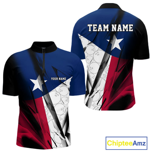 Custom Texas Flag Bowling Team Men Quarter-Zip Shirts, Texas Bowling League Shirt Team Uniform IPHW9634