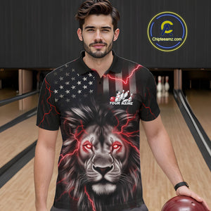 Custom Red Thunder Lightning Patriotic Lion Polo Shirts For Men, US Flag Bowling Jerseys IPHW9322