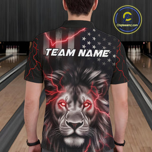 Custom Red Thunder Lightning Patriotic Lion Polo Shirts For Men, US Flag Bowling Jerseys IPHW9322