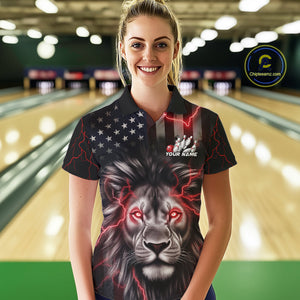 Custom Red Thunder Lightning Patriotic Lion Women Polo Shirts, US Flag Bowling Jerseys IPHW9322