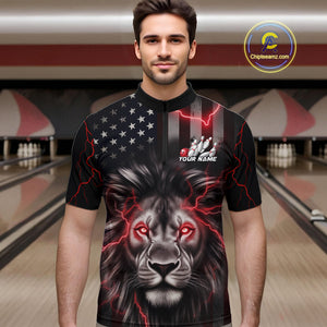 Custom Red Thunder Lightning Patriotic Lion Quarter-Zip Shirts For Men, US Flag Bowling Jerseys IPHW9322