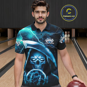 Custom Blue Thunder Lightning Grim Reaper Skull Halloween Bowling Polo Shirts For Men IPHW9851