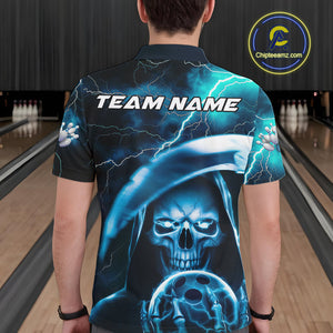 Custom Blue Thunder Lightning Grim Reaper Skull Halloween Bowling Polo Shirts For Men IPHW9851