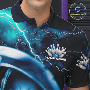 Custom Blue Thunder Lightning Grim Reaper Skull Halloween Bowling Polo Shirts For Men IPHW9851