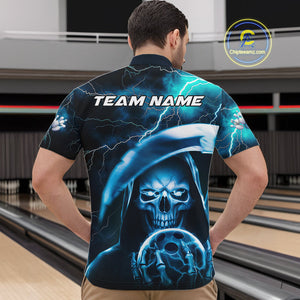 Custom Blue Thunder Lightning Grim Reaper Skull Halloween Bowling Quarter-Zip Shirts For Men IPHW9851