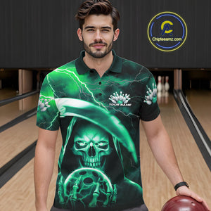 Custom Green Thunder Lightning Grim Reaper Skull Halloween Bowling Polo Shirts For Men IPHW9852