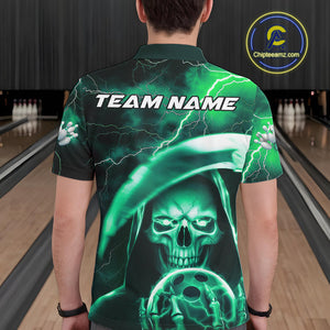 Custom Green Thunder Lightning Grim Reaper Skull Halloween Bowling Polo Shirts For Men IPHW9852