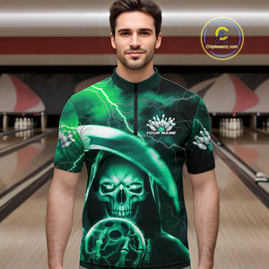 Custom Green Thunder Lightning Grim Reaper Skull Halloween Bowling Quarter-Zip Shirts For Men IPHW9852