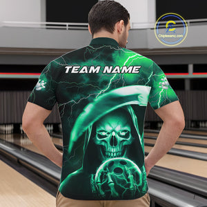 Custom Green Thunder Lightning Grim Reaper Skull Halloween Bowling Quarter-Zip Shirts For Men IPHW9852