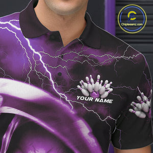 Custom Purple Thunder Lightning Grim Reaper Skull Halloween Bowling Polo Shirts For Men IPHW9853