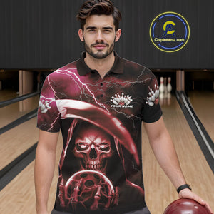 Custom Red Thunder Lightning Grim Reaper Skull Halloween Bowling Polo Shirts For Men IPHW9854