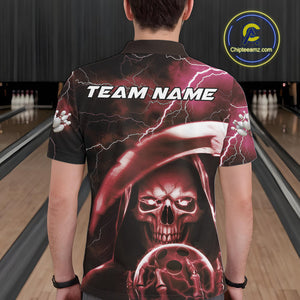 Custom Red Thunder Lightning Grim Reaper Skull Halloween Bowling Polo Shirts For Men IPHW9854